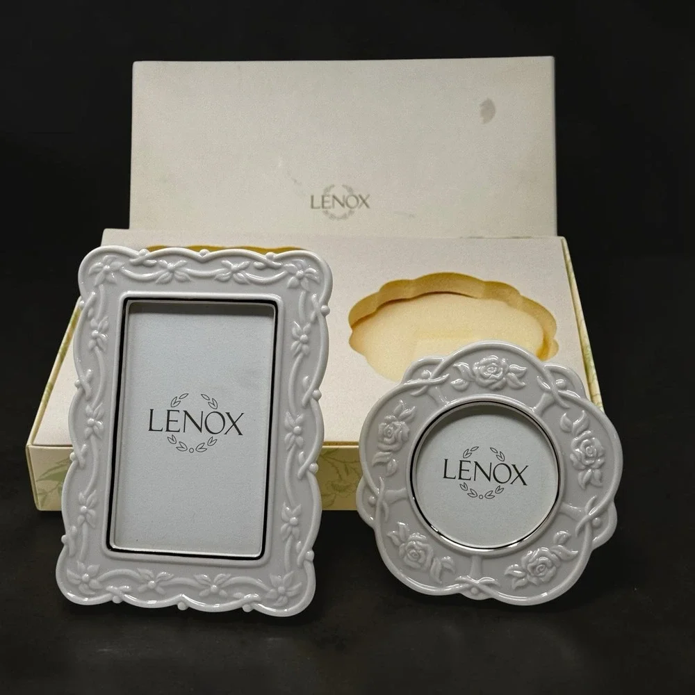 Lenox Cottagecore Picture Frame Set NIB White Porcelain Floral Rose 4x6 & Round